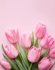 Fototapeta premium Floral arrangement of delicate pink tulips resting against a soft pastel background. Generative AI