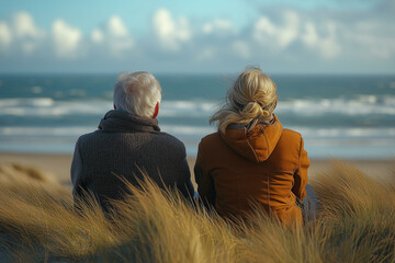 Elderly couple sitting together on the beach. Senior man and woman enjoy day near the sea, mature family relax on nature. Old persons outdoors back view