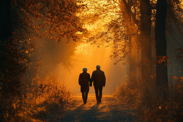 Senior couple enjoying walk. Silhouettes of elderly man and woman in love walking together in park on sunset back view, happy old family on date, mature people enjoy life