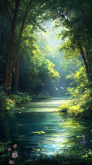 Obraz premium Idyllic Riverside Escape: A Symphony of Nature in a Lush, Verdant Forest with Sunlit Canopy and Chirping Birds