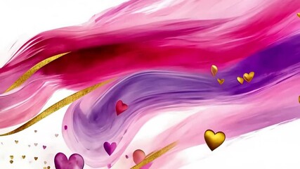 Dynamic swirling pink and purple brushstrokes with floating heart accents on white background - Powered by Adobe