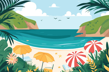 Flat design illustration of a beach scene with umbrellas, Flat style cartoon vector illustration, tourist beach with umbrellas, Summer vacations, Summer Holiday Concept With Top View Of Beach, 