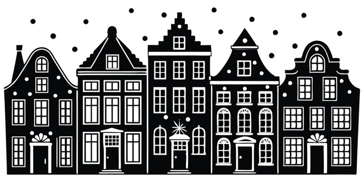 Silhouette of row Amsterdam style houses Facades of European old buildings for Christmas decoration