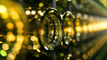 A row of wine bottles in focus, soft background blur; elegance and craftsmanship in every detail.