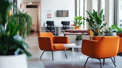 Fototapeta premium Minimalistic office lobby with modern furniture, soft lighting, calm atmosphere, white walls, professional studio light.