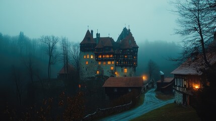 A hauntingly beautiful medieval castle shrouded in mist with illuminated windows surrounded by dark forest