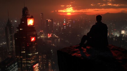 Man on cliff, gazing at illuminated city, night sky, sense of adventure, urban exploration, solitude and wonder