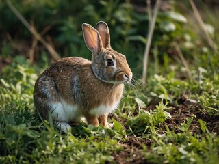 Fototapeta premium Young Easter Cottontail Rabbit in Pastoral Woodland: A Wildlife Portrait in Natural Habitat