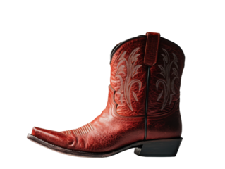 Single red cowboy boot on transparent background