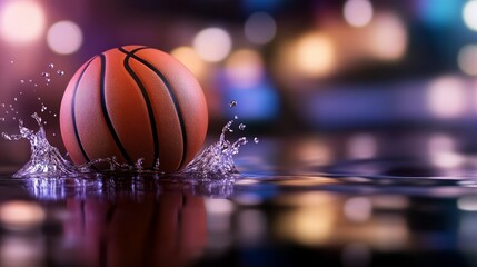 A basketball splashes into a reflective surface, surrounded by colorful bokeh light in the background