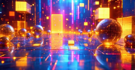 Neon cyber glow background dynamic 3d spheres glowing geometric squares radiant gold pastel indigo warm metallic crimson