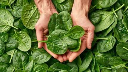 Hands Holding Fresh Spinach Leaves – Emphasizing Vibrant Green Color and Delicate Texture, Selective Focus