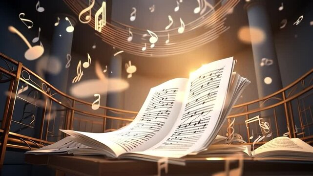Harmonious Symphony: Sheet music, illuminated by a golden light, dances with musical notes in an enchanting composition. Capturing the rhythm and flow of musical inspiration and imagination