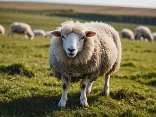Fototapeta premium Peaceful Sheep Grazing in Lush Green Pasture: Embracing Rural Farm Life in the Countryside