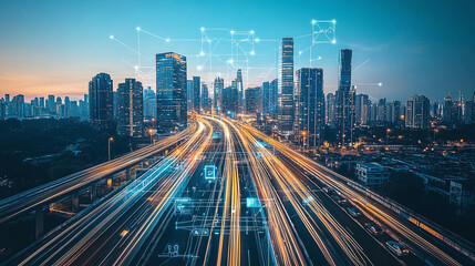 Fototapeta premium Futuristic Cityscape: Light trails streak through a modern city, symbolizing speed and connection, enhanced by digital network overlays.