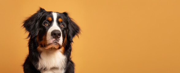 Fototapeta premium Bernese Mountain dog on minimalistic colorful background with Copy Space. Perfect for banners, veterinary ads, pet food promotions, and minimalist designs.