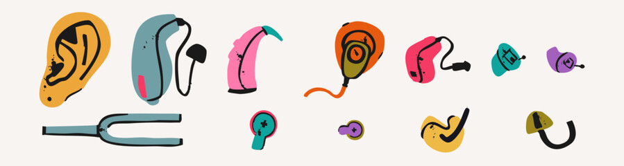 Set of different types of hearing aids. Ear, tuning fork, batteries, earbuds. Hand drawn Vector illustration.