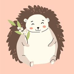 Adorable hedgehog in forest holding flowers on soft pink background.