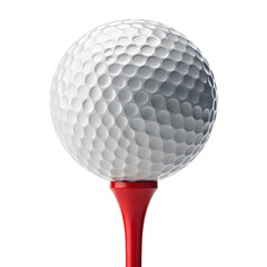A golf ball resting on a red tee, showcasing its textured surface and classic design.
