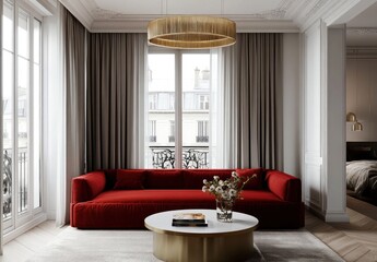 Red sofa in modern Parisian apartment with gold accents.
