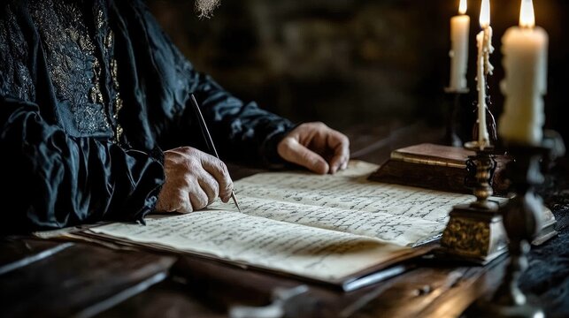 A focused scribe writing in an ancient manuscript while surrounded by flickering candlelight and a rich historical atmosphere