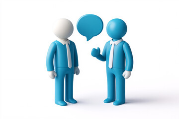 Two blue figures in suits communicate with a speech bubble between them
