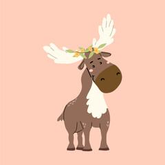 Cute forest moose with floral crown on pastel background for nursery and kids decor.