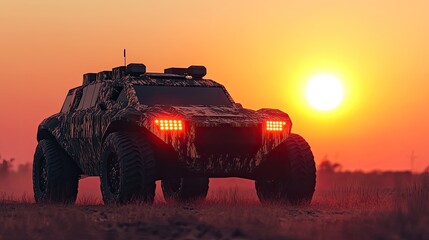 Obraz premium Off-road military vehicle silhouette at sunset showcasing its rugged design with striking LED lights and camouflage pattern