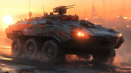 Armored military vehicle navigating through a misty landscape during sunset, showcasing advanced technology and rugged terrain