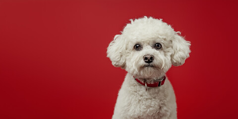 Bichon Frise dog on minimalistic colorful background with Copy Space. Perfect for banners, veterinary ads, pet food promotions, and minimalist designs.