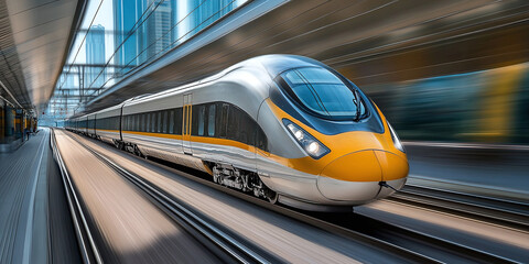 Fototapeta premium High-Speed Train in Motion. Sleek design and rapid travel. Transport innovation in urban setting. Contemporary infrastructure, symbolizes progress. Fast transit on tracks.