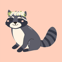 Cute forest animals illustration featuring raccoon with floral crown for children's design.
