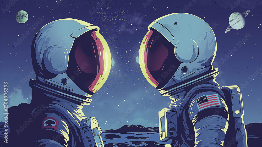 Poster this two astronauts face each other against a cosmic backdrop, ready to embark on a space journey.