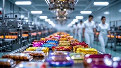 Candy production line in a modern factory showcasing colorful packages and workers performing quality checks