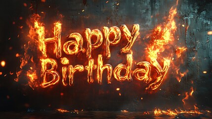 Fire-inspired "Happy Birthday" graffiti featuring bold letters engulfed in flames, glowing embers floating in the foreground, textured wall with burnt and smoky details, cinematic light contrast,