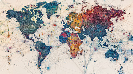 A vibrant abstract world map with colorful textured paint and connecting lines symbolizing global communication and cultural exchange
