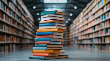 Stacked books in library knowledge hub indoor eye-level academic resources