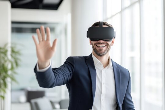 Professional smiles in virtual reality, wearing a dark suit and headset, reaching forward