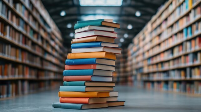 Stacked books in library knowledge hub indoor eye-level academic resources
