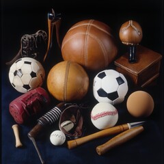 Antique Leather Sports Balls and Equipment Still Life