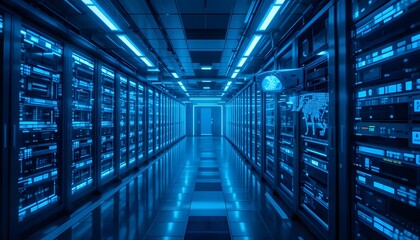 Fototapeta premium High-Tech Data Center with Server Racks and Digital Displays Illuminated in Blue Light