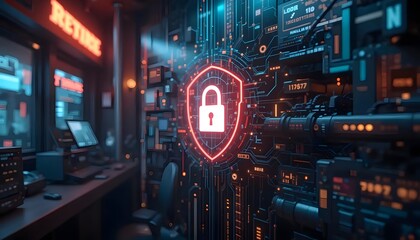 Futuristic Cybersecurity Concept with Shield and Digital Circuit Board Design in Modern Office Environment