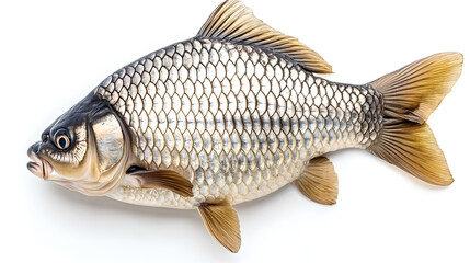 High-quality, full shot of a carp fish, showcasing its intricate scales and fins against a clean white background.