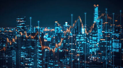 Night city skyline with financial charts overlay. Stock photo