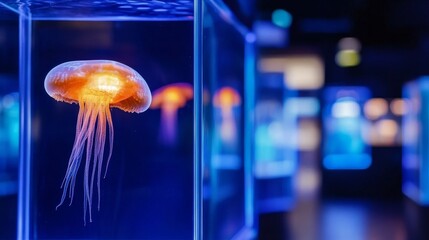 Illuminated jellyfish swimming gracefully in a vibrant aquarium with colorful exhibits in background
