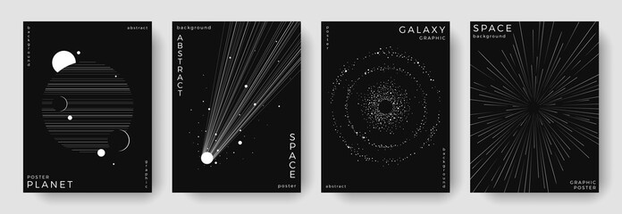 Set of abstract space astronomy backgrounds. Line art galaxy, meteorites, planet, black hole. Science future concept. Cosmic minimalist design for cover, poster, layout, banner, flyer, brochure