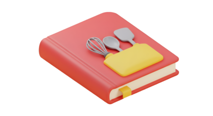  3D illustration of a diet planner or meal tracking book with a spoon and fork on the cover, symbolizing nutrition planning and healthy eating.
