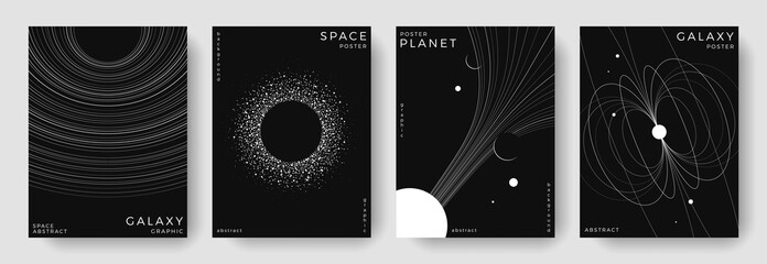 Set of abstract space astronomy backgrounds. Line art galaxy, universe, planet, black hole. Black and white science minimal concept. Cosmic modern design for cover, poster, banner, flyer, brochure © Anastasiya Stoma