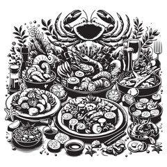 Festive seafood dishes food cooked modern delicacies with a presentation on the plate vector illustration. Delicious dishes: salads and soups of shrimp, crab, mussels, baked fish, rolls, sushi, octopu