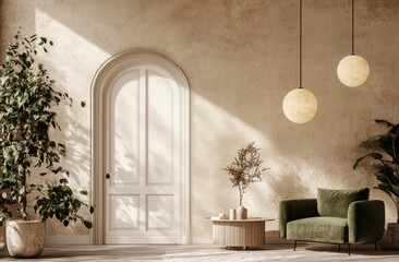 A sunlit, minimalist, beige interior with a white arched doorway, lush plants, and a deep teal velvet armchair.